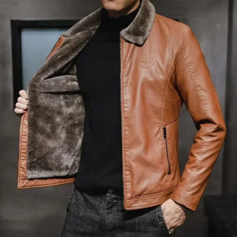 Men's Fleece Lined Fur Collar Faux Leather Jacket in Brown