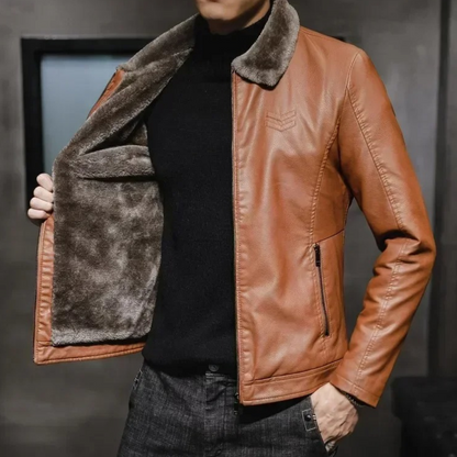 Men's Fleece Lined Fur Collar Faux Leather Jacket in Brown