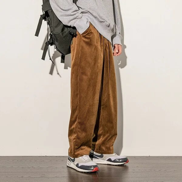 Men's Brown Wide Leg Relaxed Fit Trousers in Brown