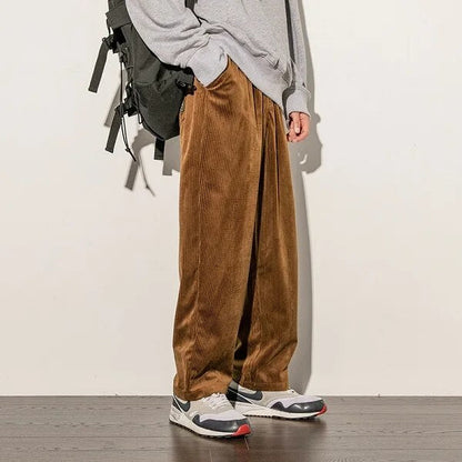 Men's Brown Wide Leg Relaxed Fit Trousers in Brown