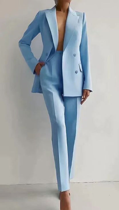 Women's Double Breasted Blazer and Slim Trouser Set in Light Blue