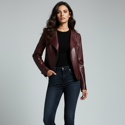 Women's Sienna Brown Tailored Biker Jacket in Maroon