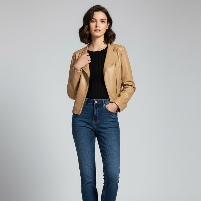 Women's Sienna Brown Tailored Biker Jacket in Beige