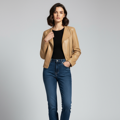 Women's Sienna Brown Tailored Biker Jacket in Beige