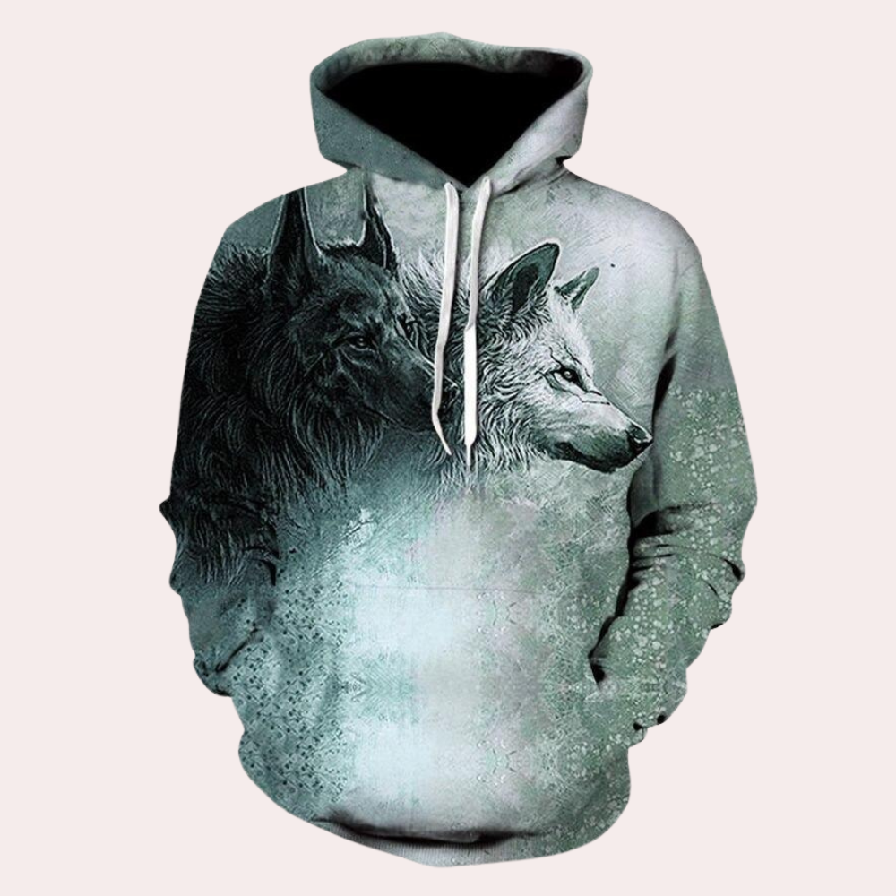 Men's Wolf Print Drawstring Hoodie in Black and white