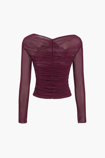 Women's Sheer Mesh Wrap Front Long Sleeve T Shirt view 5