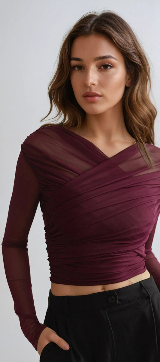 Women's Sheer Mesh Wrap Front Long Sleeve T Shirt