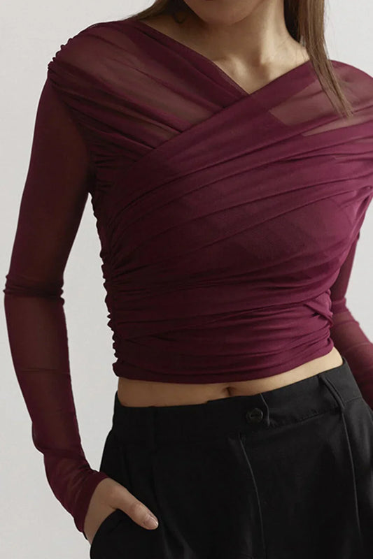 Women's Sheer Mesh Wrap Front Long Sleeve T Shirt view 2