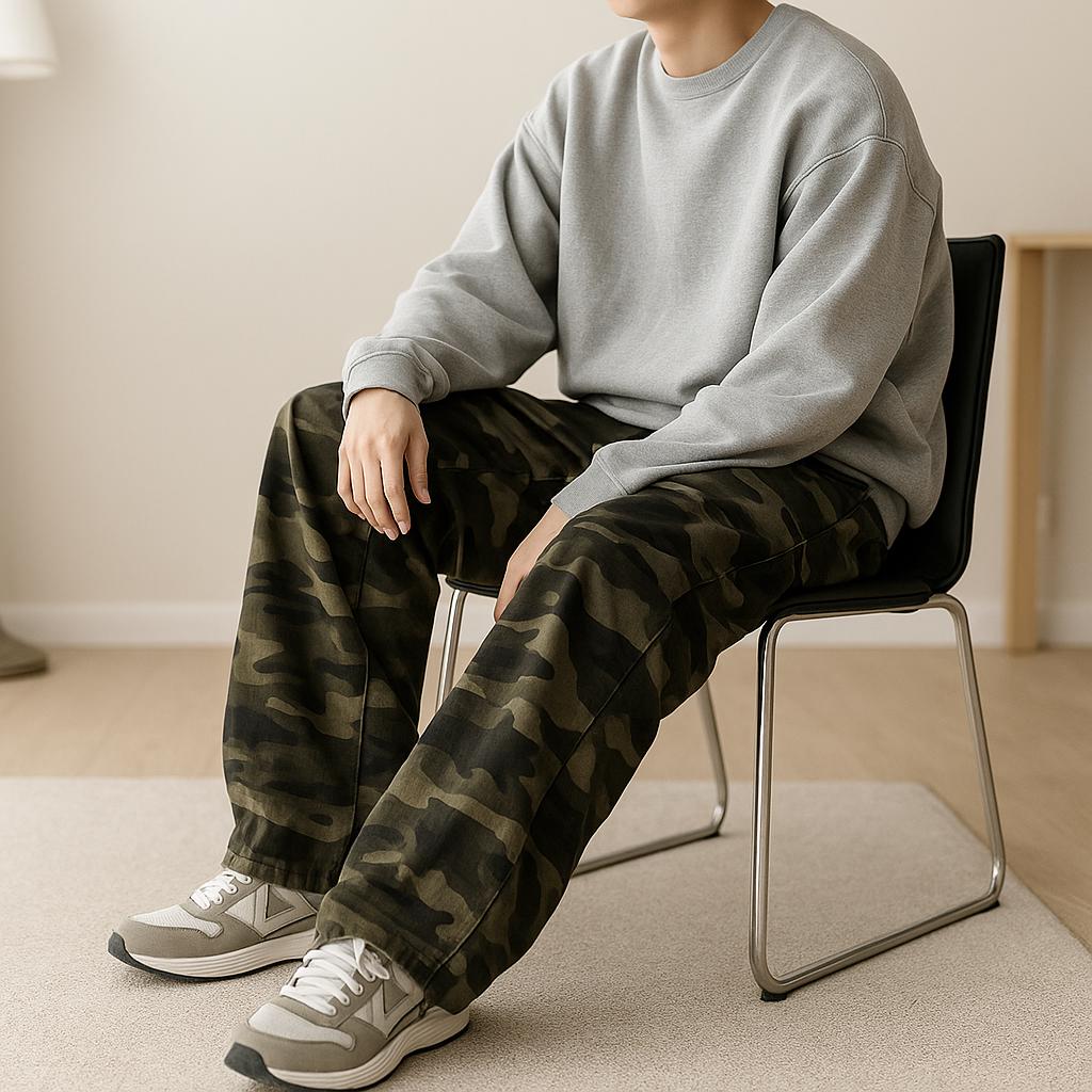 Men's Camo Wide Leg Vintage Belted Cargo Trousers in Multicolour
