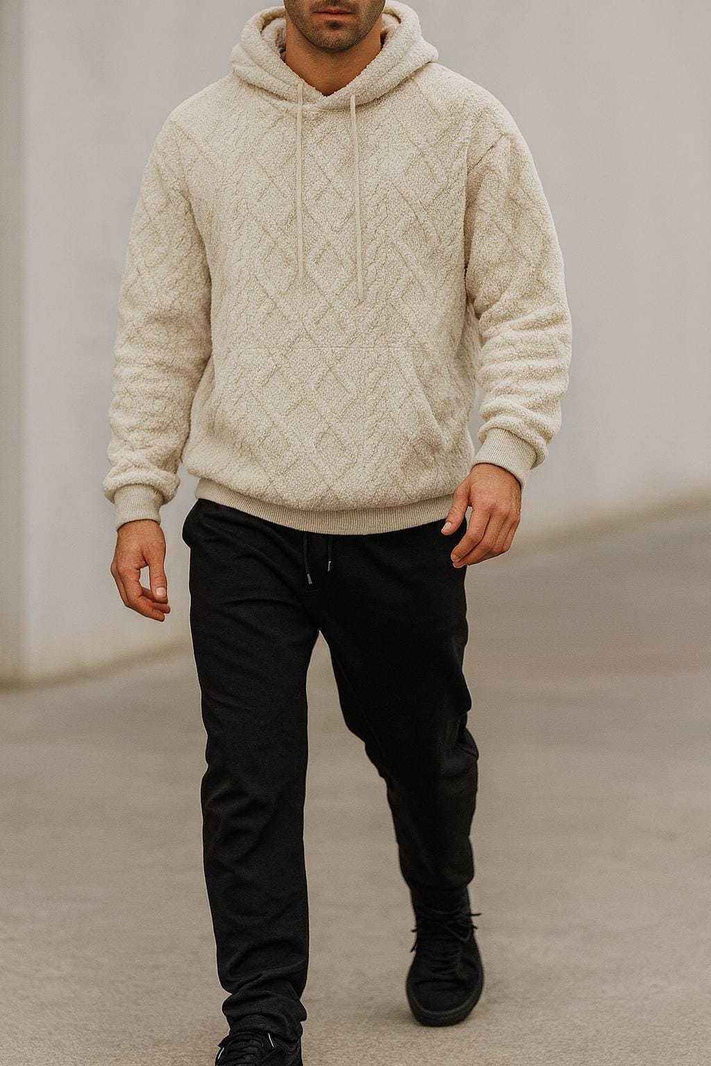 Men's Knitted Oversized Textured Hoodie in Khaki