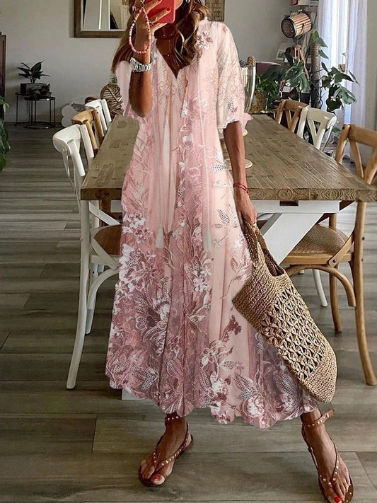 Women's Embroidered Sheer Floral Kaftan Maxi Dress in Pink