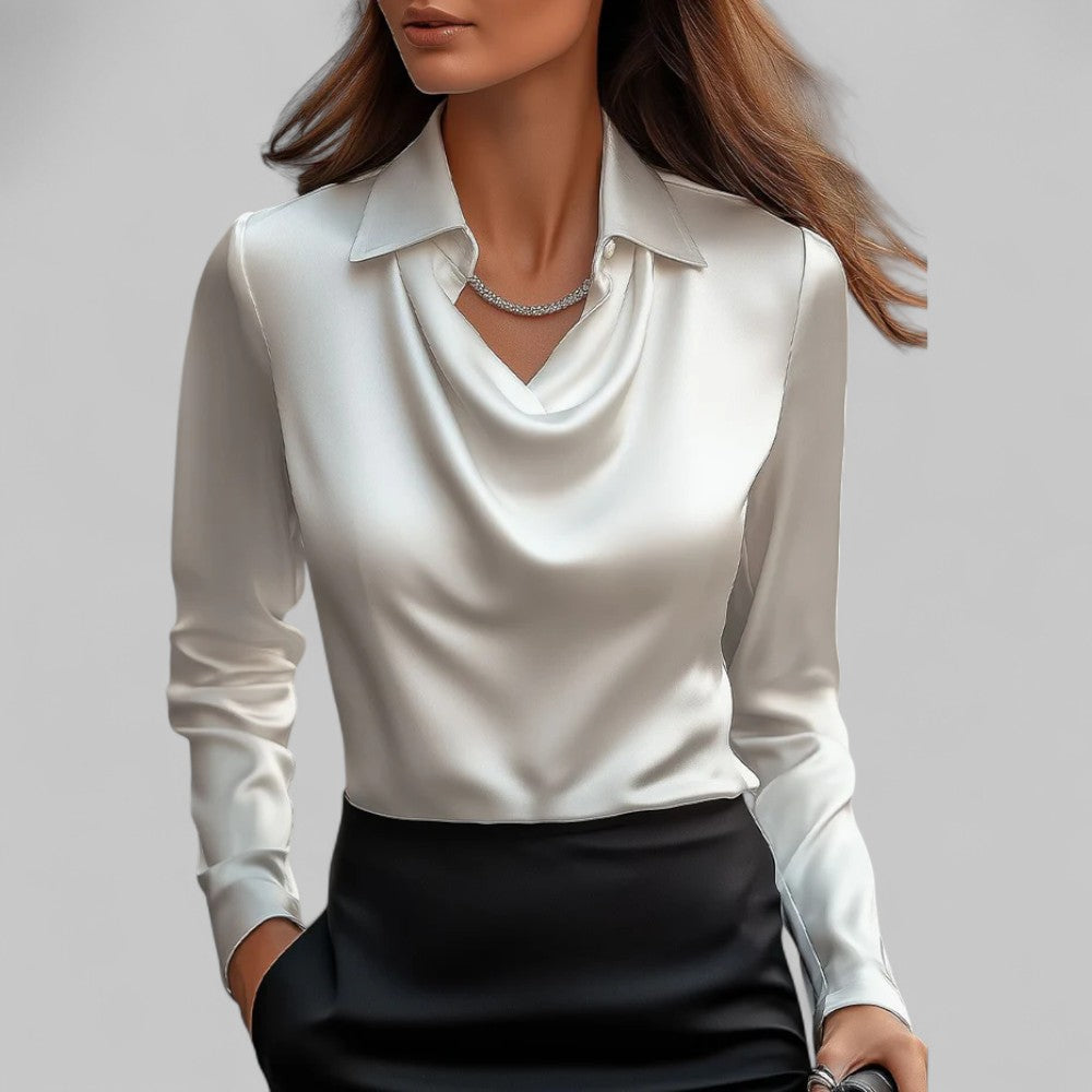 Women's White Cowl Neck Long Sleeve Blouse in White