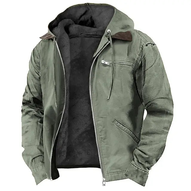 Men's Brown Hooded Winter Coat in Green Army