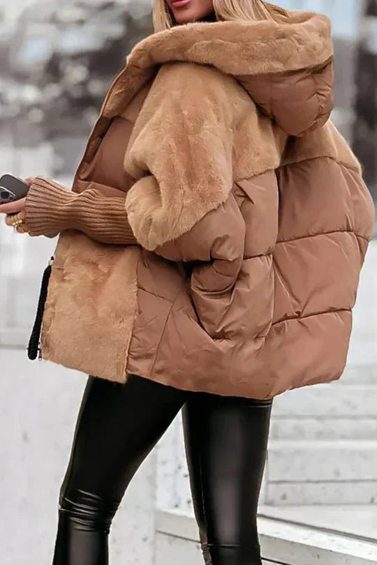 Women's Hooded Quilted Faux Fur Coat view 3