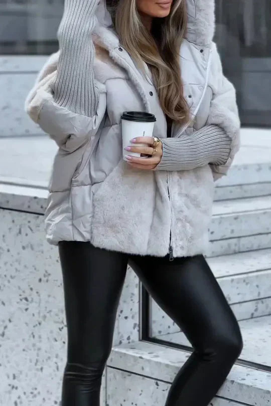 Women's Hooded Quilted Faux Fur Coat view 11
