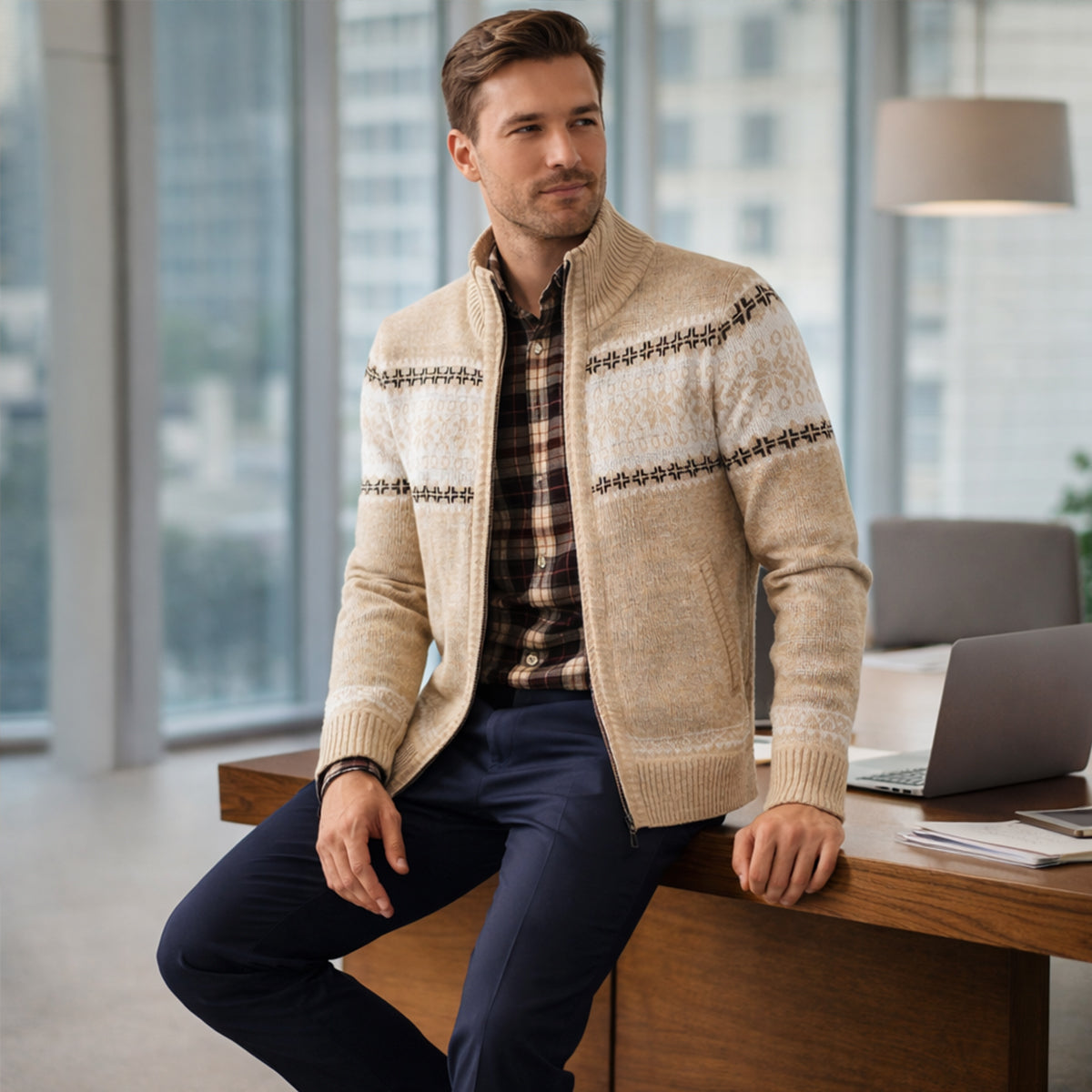 Men's Checked Knitted Zip Up Cardigan view 9