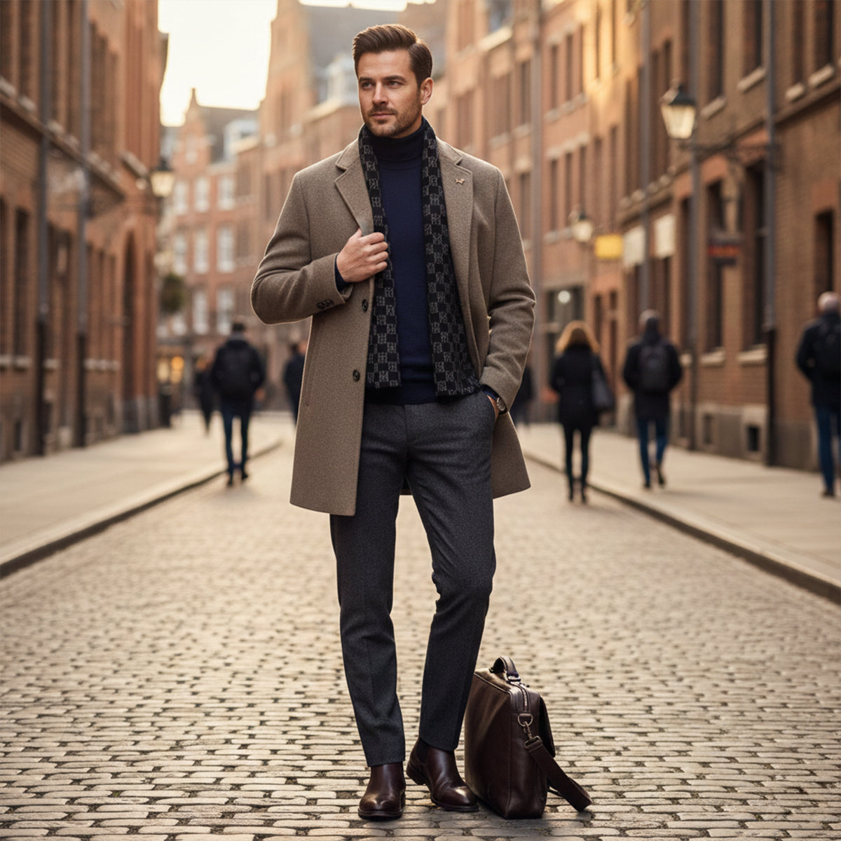 Men's Fur Lined Longline Overcoat with Scarf