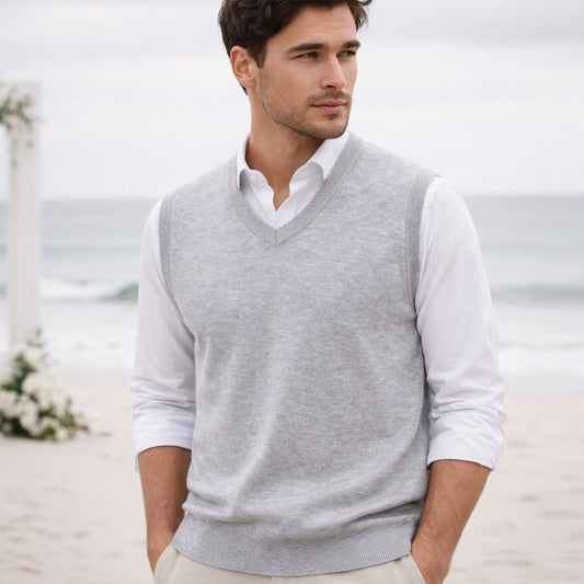 Men's Plain V Neck Sleeveless Knitted Gilet in Light Grey