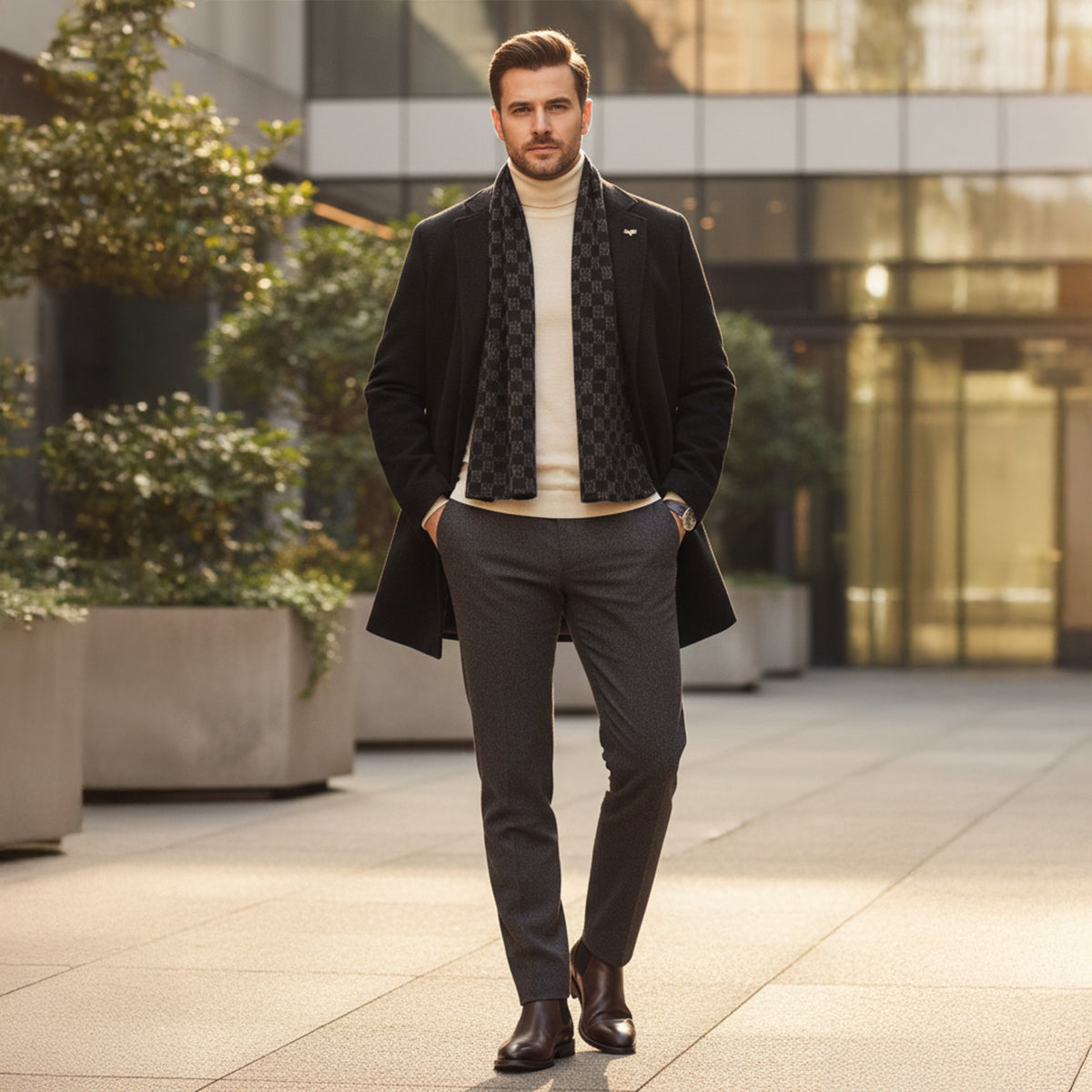 Men's Fur Lined Longline Overcoat with Scarf
