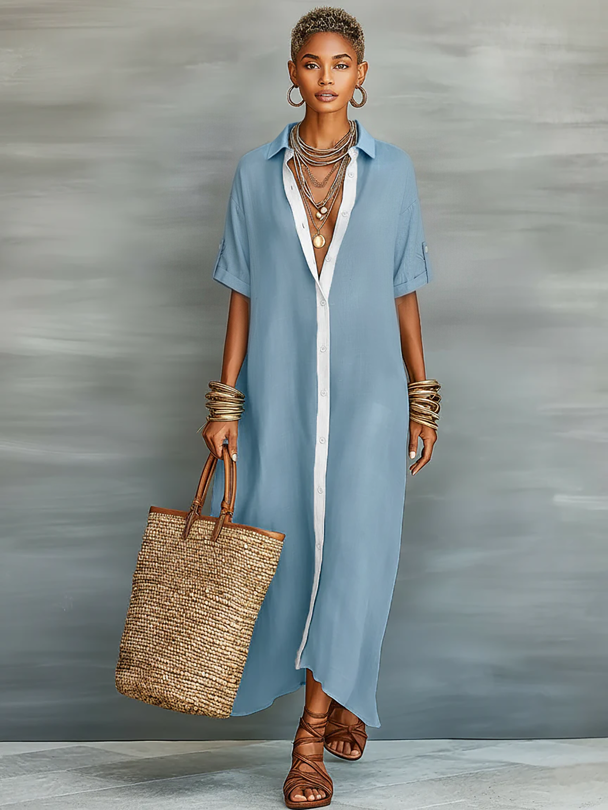 Women's Relaxed Fit Short Sleeve Belted Button Front Maxi Dress in Blue