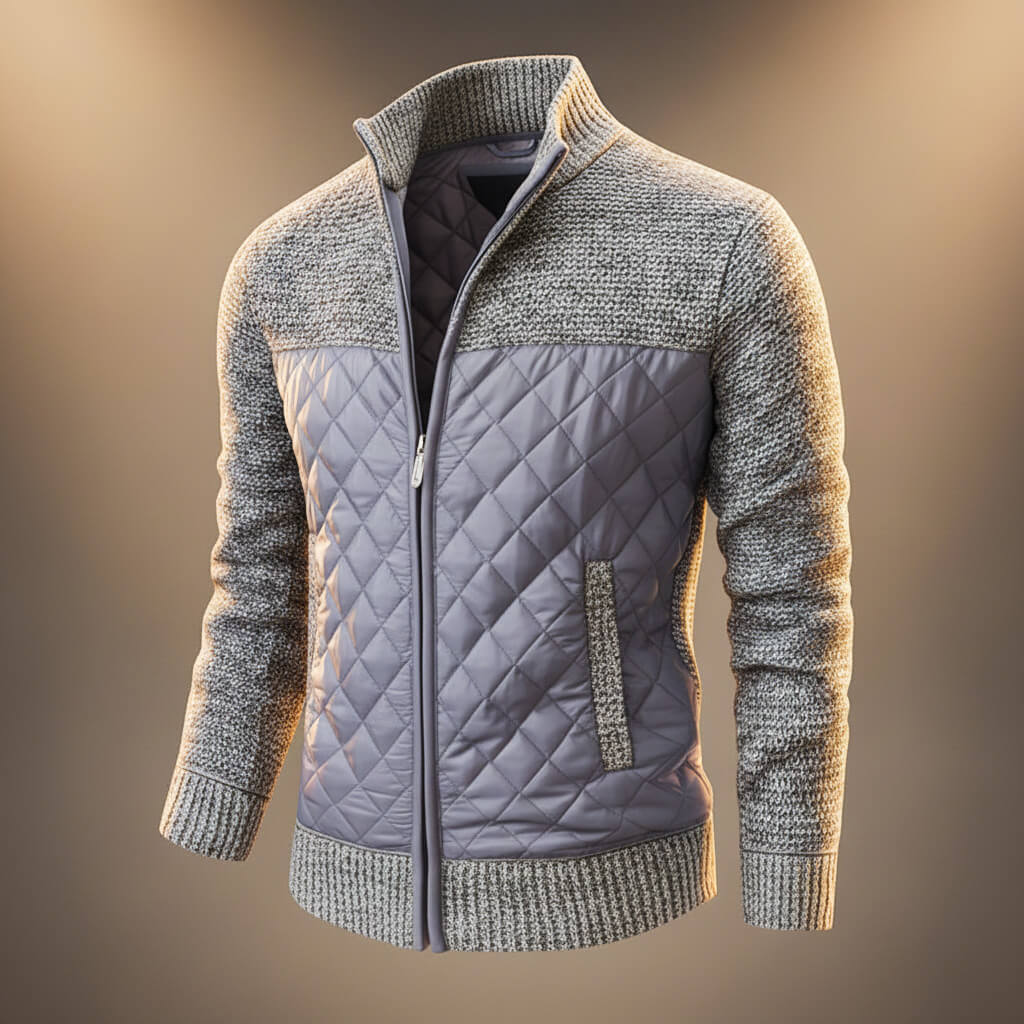 Men's Navy Blue Quilted Jacket in Light Gray