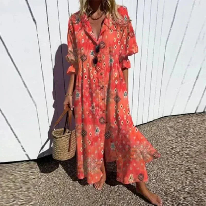 Women's White Boho Maxi Dress in Red