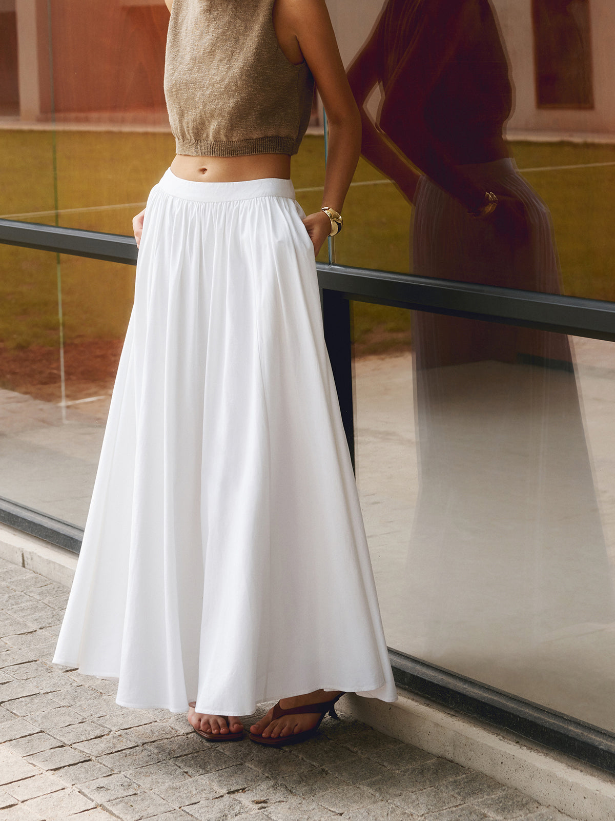 Women's High Waisted Pleated Maxi Dress With Pockets