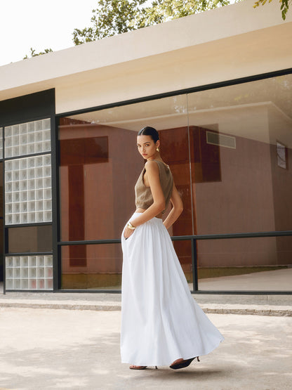 Women's High Waisted Pleated Maxi Dress With Pockets