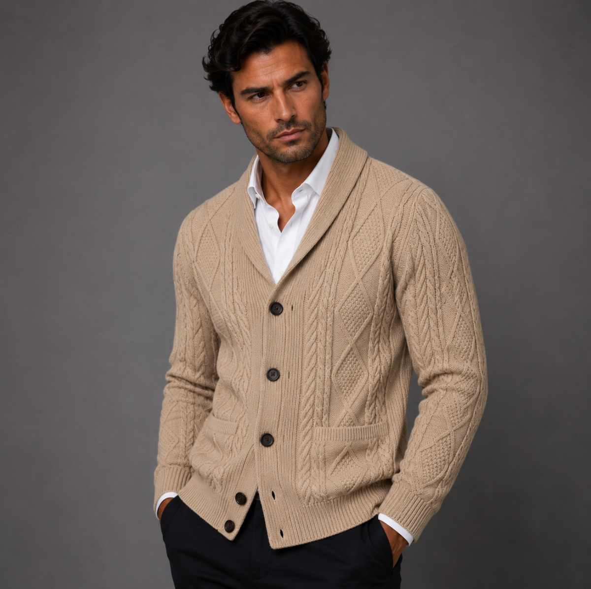 Men's Cable Knit Cardigan in Beige