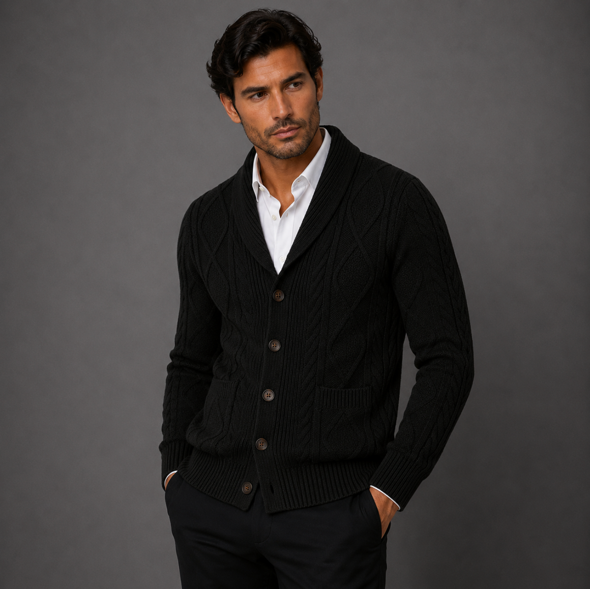 Men's Cable Knit Cardigan in Black