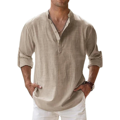 Men's Relaxed Fit Long Sleeve Draped Casual Shirt in Khaki
