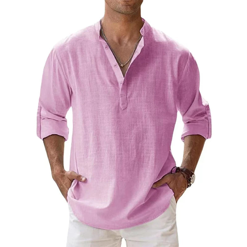 Men's Relaxed Fit Long Sleeve Draped Casual Shirt in Pink