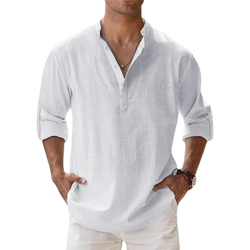 Men's Relaxed Fit Long Sleeve Draped Casual Shirt in White
