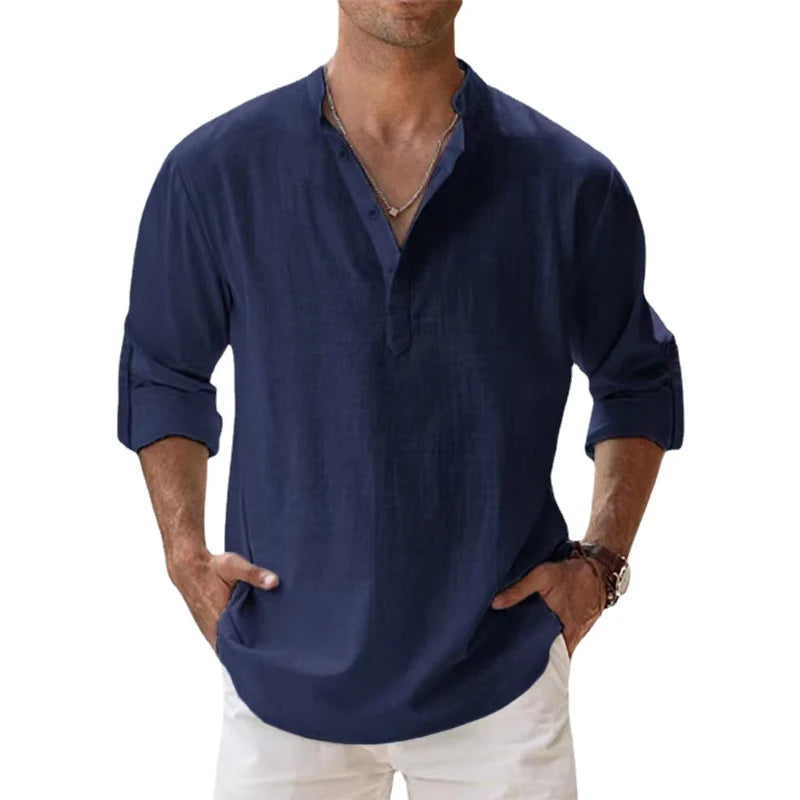 Men's Relaxed Fit Long Sleeve Draped Casual Shirt in Navy
