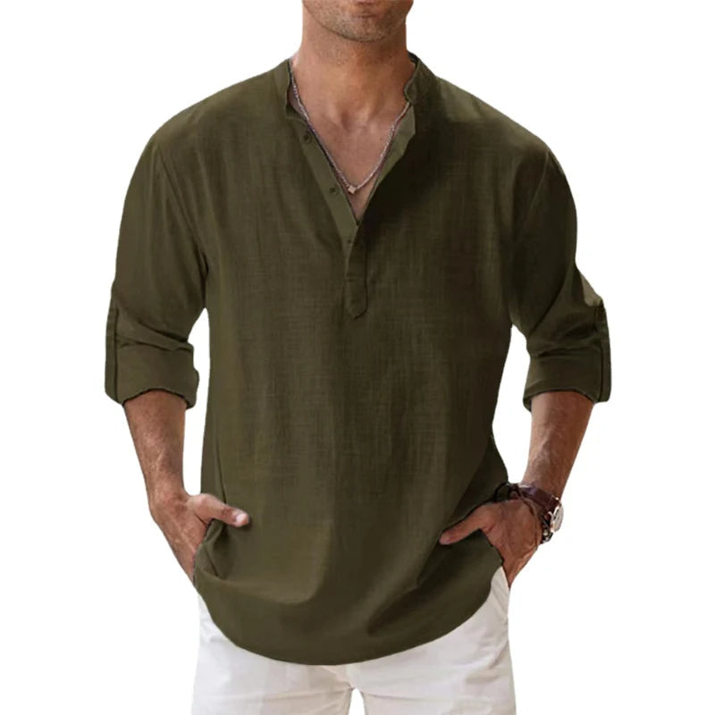 Men's Relaxed Fit Long Sleeve Draped Casual Shirt in Olive Green