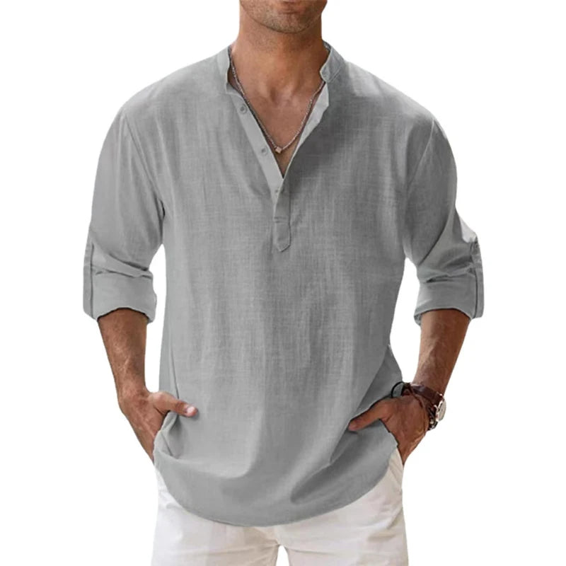 Men's Relaxed Fit Long Sleeve Draped Casual Shirt in Grey
