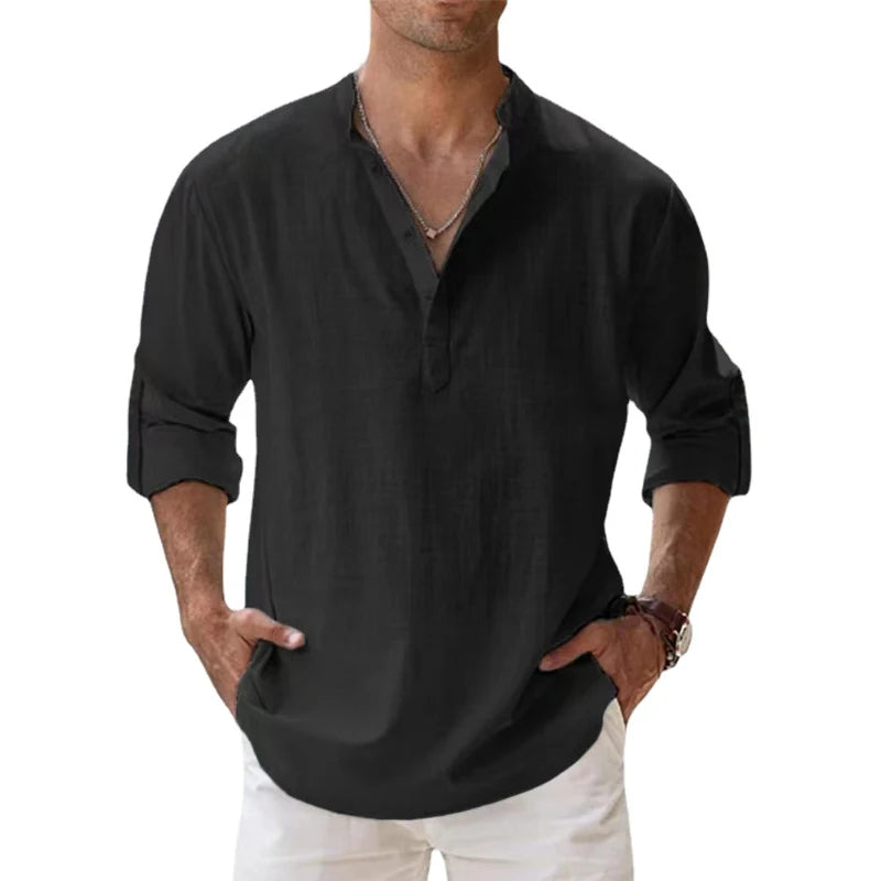 Men's Relaxed Fit Long Sleeve Draped Casual Shirt in Black