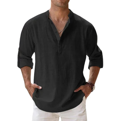 Men's Relaxed Fit Long Sleeve Draped Casual Shirt in Black