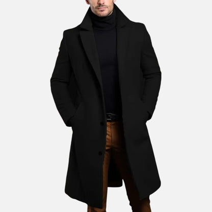 Men's Slim Fit Lapel Collar Single Breasted Button Front Winter Coat in Black