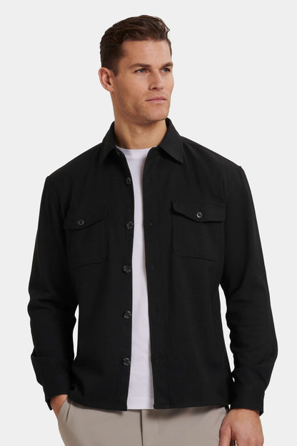 Men's Stretch Long Sleeve Patch Pocket Overshirt in Black