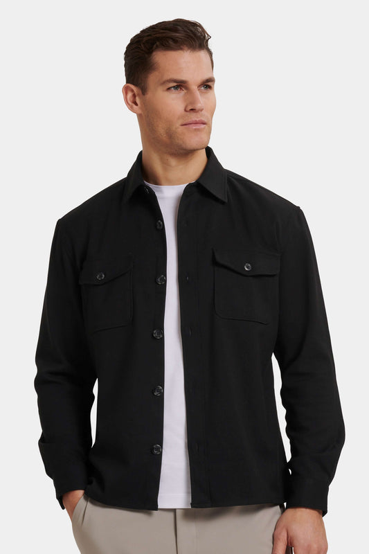 Men's Stretch Long Sleeve Patch Pocket Overshirt in Black