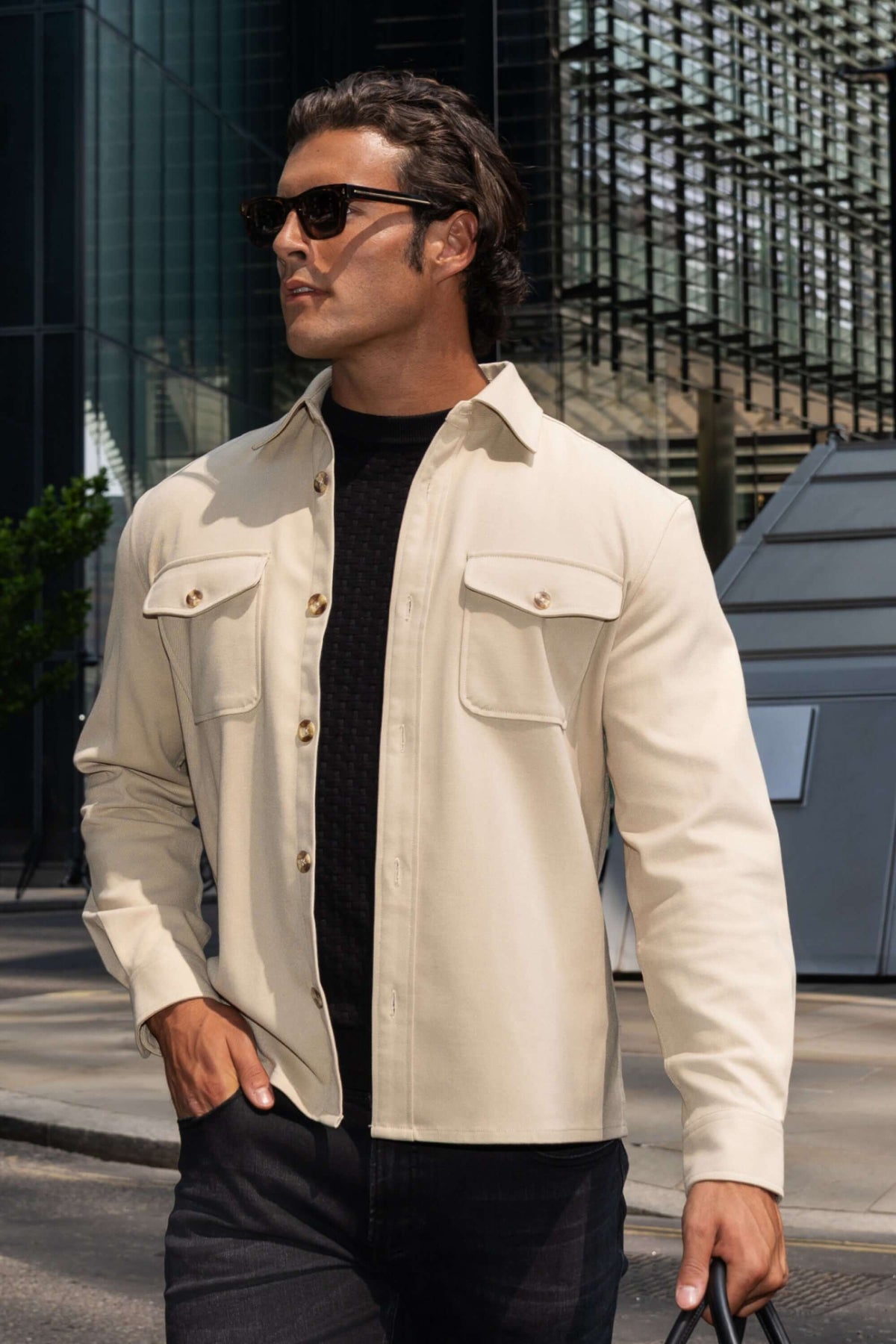 Men's Stretch Long Sleeve Patch Pocket Overshirt in Light Beige