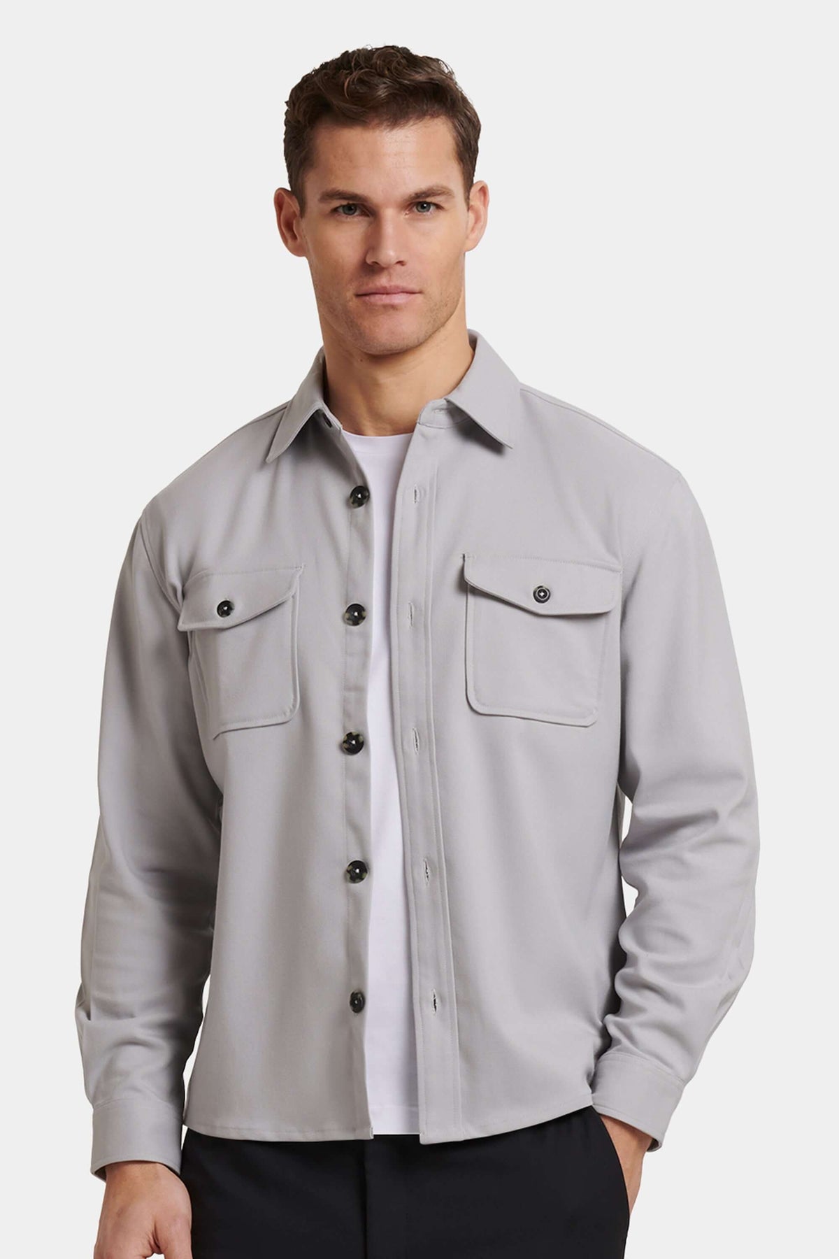 Men's Stretch Long Sleeve Patch Pocket Overshirt in Grey