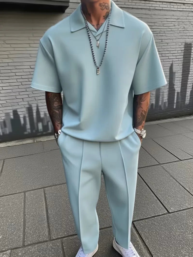 Men's Relaxed Fit Short Sleeve Casual Two Piece Set in Light Blue