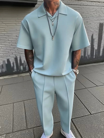 Men's Relaxed Fit Short Sleeve Casual Two Piece Set in Light Blue