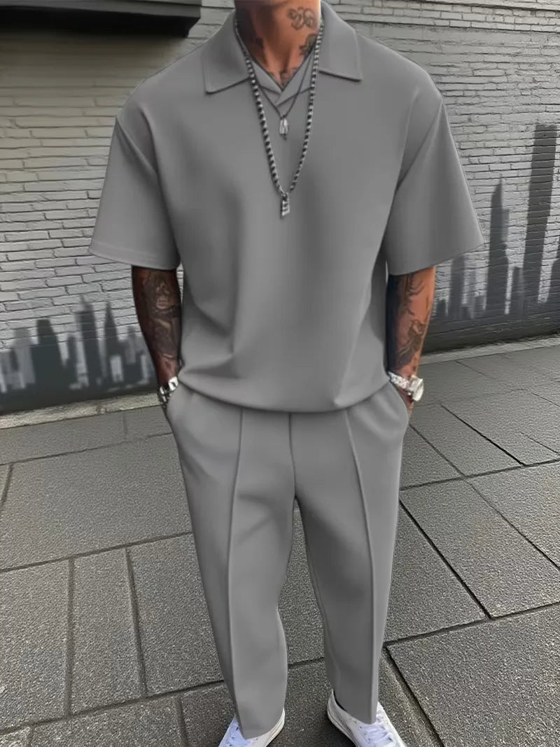 Men's Relaxed Fit Short Sleeve Casual Two Piece Set in Dark Grey