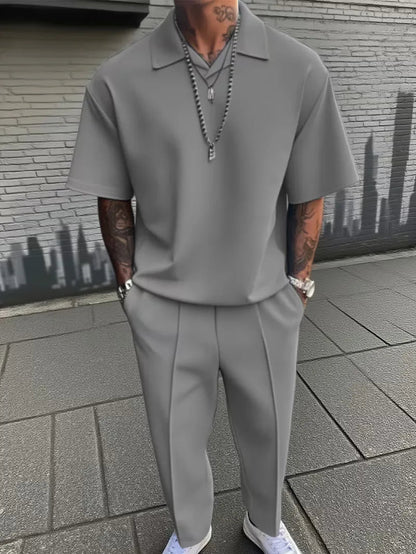 Men's Relaxed Fit Short Sleeve Casual Two Piece Set in Dark Grey