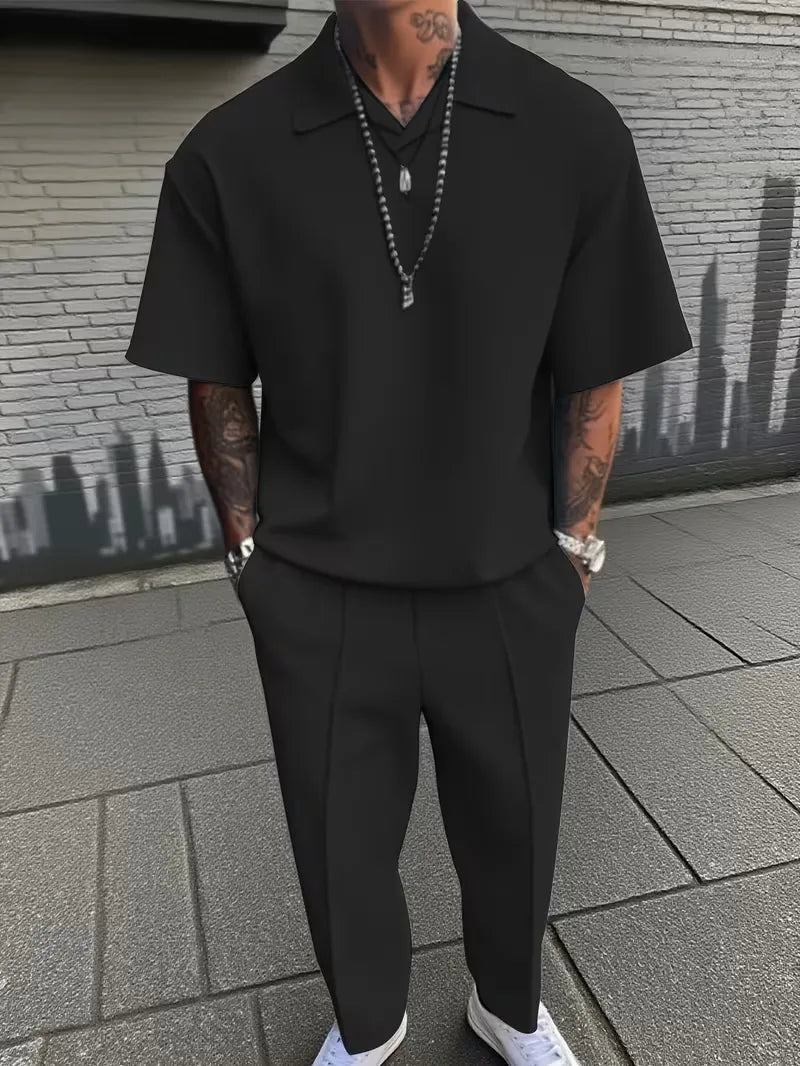 Men's Relaxed Fit Short Sleeve Casual Two Piece Set in Black