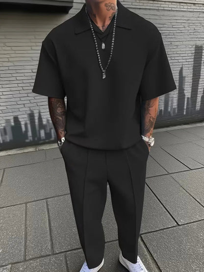 Men's Relaxed Fit Short Sleeve Casual Two Piece Set in Black