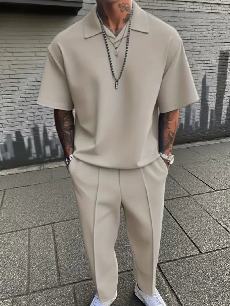 Men's Relaxed Fit Short Sleeve Casual Two Piece Set in Beige
